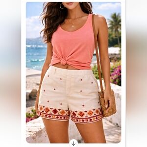 NWT LOFT Riviera Shorts Size 2 Cream Embroidered Hem 4” Inseam Boho Summer